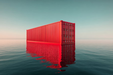 3d rendering of a red cargo container on the sea, symbolizing global transport and logisticsの写真素材