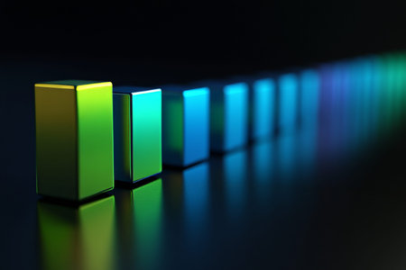 3d render of a blue and green bar graph displayed against a dark background in photography style