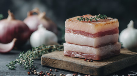 Raw pork belly on wooden board with onions and thyme against dark gray backdropの写真素材