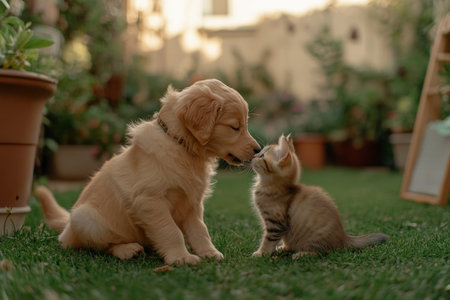 Adorable golden retriever puppy and kitten play together in the backyard, sharing a sweet momentの写真素材