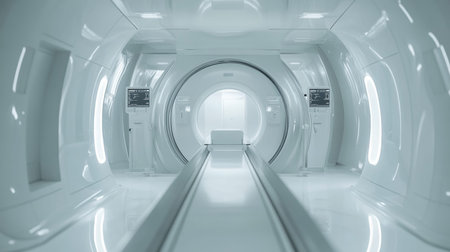 Hospital imaging equipment ct or mri scanner in sleek white and gray design with studio lighting