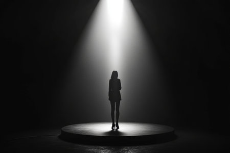 Black and white 3d render of a woman in a business suit standing alone on a spotlighted stageの写真素材