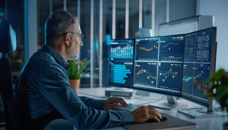 Businessman analyzing gantt chart on computer for effective project management in modern office