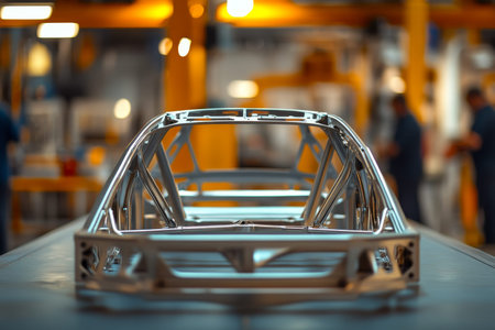Industrial factory scene featuring workers assembling a car frame with a blurred background effect