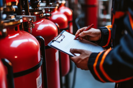 Worker in uniform conducts fire extinguisher check at foam tank station with clipboard in handの写真素材