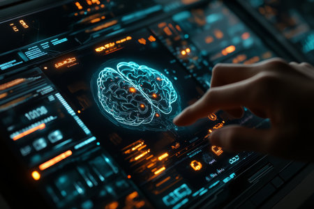 Futuristic hand interacting with holographic human brain display and advanced ai technology elementsの写真素材