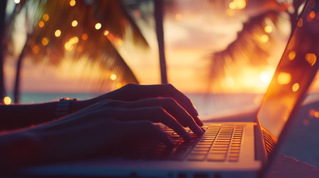 Person working on laptop at beach during sunset with palm trees in warm golden lightの写真素材