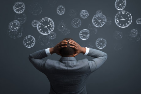 Businessman in suit with hands on head surrounded by flying clocks on dark gray backgroundの写真素材