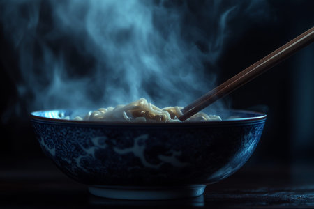 Close up of steaming noodles with chopsticks against dark background in cool tones and smoke effect