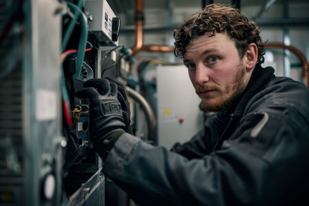 Skilled male air conditioning technician working on outdoor unit with focus and precision in action
