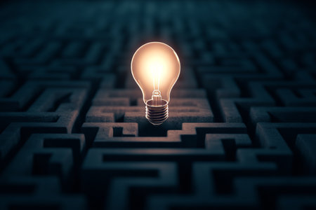 Glowing light bulb in a maze representing innovative ideas and success in business growthの写真素材