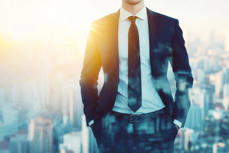 Young businessman in suit against blurred cityscape a modern symbol of professional successの写真素材