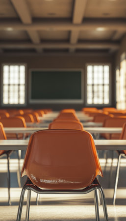 A realistic photo of an empty American school classroom symbolizing class transition in educationの写真素材
