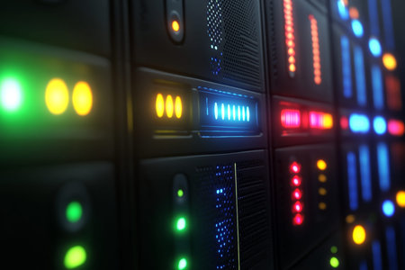 Ultra realistic close up of a modern server rack in a high tech data center environment
