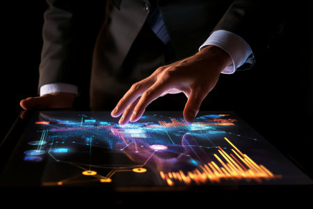 Businessman interacting with virtual growth graph on screen in artistic double exposure imageの写真素材