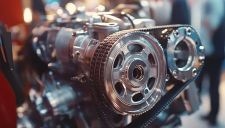 Detailed close up of an engine featuring a pulley and belt system at the motor show exhibitionの写真素材