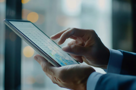 Manager utilizing digital tablet for effective event planning and calendar organization in office
