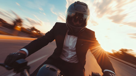 Dynamic biker riding against sunset sky motion blur bohemian helmet in fine art photographyの写真素材