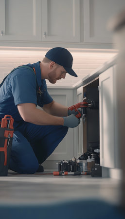 Professional plumber in blue uniform fixes kitchen sink with tools and pvc pipes in modern settingの写真素材