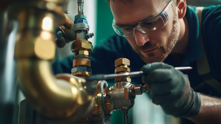Mechanic repairing industrial plumbing system with tools and safety glasses in close up shot
