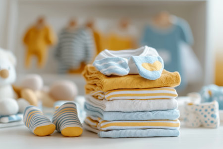 Charming nursery scene with neatly arranged baby clothes in soft pastels and cozy accessoriesの写真素材