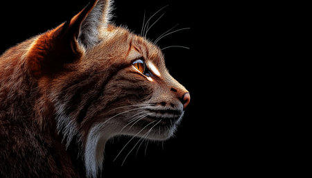Majestic wild feline portrait hyper realistic close up of lynx or wildcat against black backgroundの写真素材