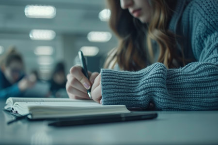Close up of university students taking notes in a classroom with blurred background focusの写真素材