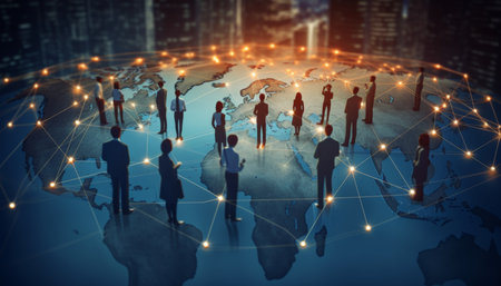 Abstract business network concept featuring silhouettes on world map for global connectivity designの写真素材