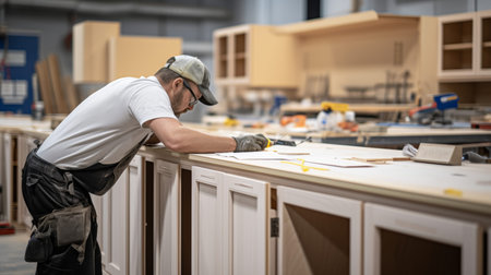 Craftsman measuring newly built white kitchen cabinets amid brown wooden doors and design elementsの写真素材