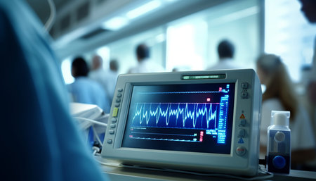 Close up of ecg monitor in operating room with doctors and nurses amid patient heart readings