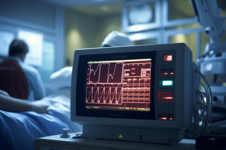 Close up of ecg monitor showing heart rate and surgeons concentrating on patient in operating roomの写真素材