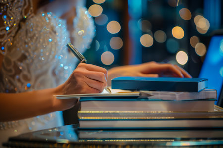 Close up of a woman s hands taking notes in a notebook with a laptop and books on tableの写真素材
