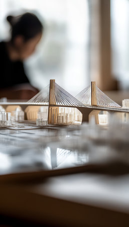 Intricate architectural model of a modern bridge with detailed blueprints in design studio settingの写真素材