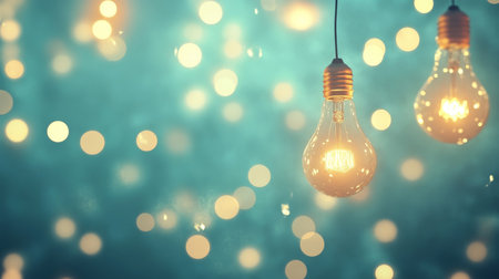 3d rendering of vintage light bulbs on blue bokeh background symbolizing energy and creativityの写真素材
