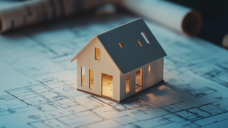 Miniature house model on blueprints and architectural drawings symbolizing construction conceptの写真素材