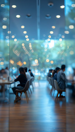 Blurry office meeting room with business professionals collaborating on digital devicesの写真素材