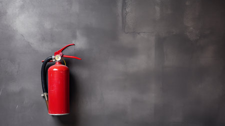 Top view of a fire extinguisher mounted on a wall against a dark concrete backdrop with spaceの写真素材