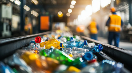 Vibrant plastic waste on conveyor belt in recycling facility workers blurred in backgroundの写真素材