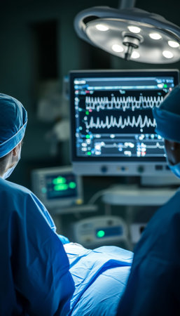 Medical professionals in blue scrubs monitoring patient s heartbeat with avantec 209m during surgery