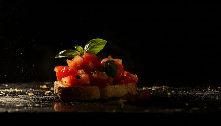 Close up image of bruschetta with tomatoes and basil on dark background with copy space availableの写真素材