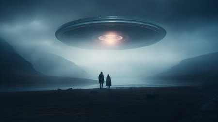 Two figures in a cold misty landscape encountering a massive flying saucer in sci fi artの写真素材