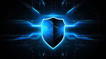 Abstract low poly shield design with glowing blue lines representing cyber security and big dataの写真素材
