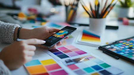 Designer captures color swatches and tools for creative work in modern office settingの写真素材