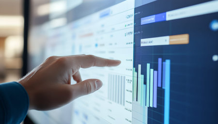 Business professional interacting with digital screen displaying gantt chart and data graphs