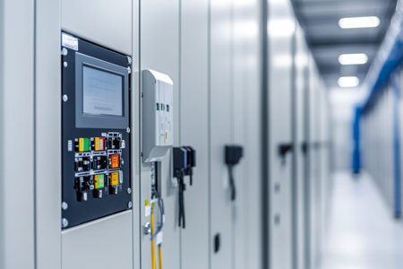 Close up of a modern control panel cabinet in a white warehouse with electrical panels