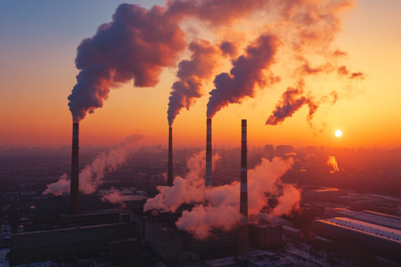 Aerial view of industrial air pollution smoke plumes rising against a sunset sky
