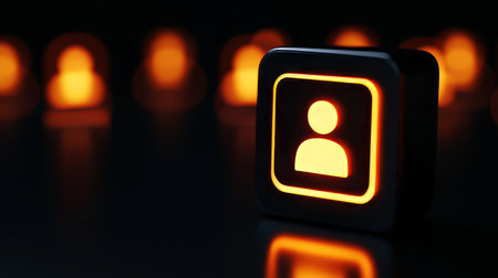 3d illuminated network icon featuring people on dark backdrop social media concept shotの写真素材