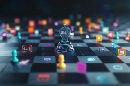 Futuristic digital background with ai platform and data visualizations amidst business iconsの写真素材