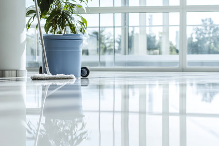 Cleaning staff mopping bright office with marble flooring and large window for interior spacesの写真素材