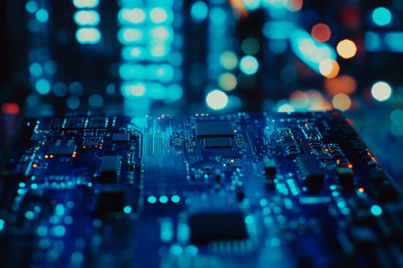 Intricate patterns of a high tech blue circuit board and microchips in a blurred space background